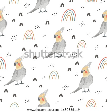 Seamless pattern with tropical parrot and multi-colored rainbows.