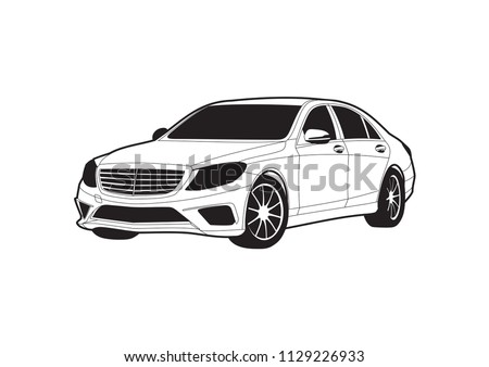 black and white drawing of car sedan on white background. Mercedes-Maybach S-Class.
