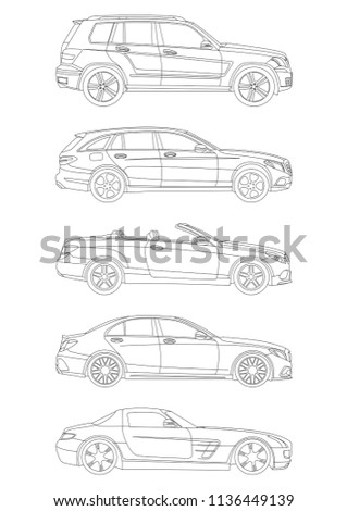 Outline drawing a car in profile. Top to bottom (GLK 300 crossover,Mercedes-Benz C-class Estate station wagon, Mercedes-Benz SLC-Class convertible,Mercedes w205 sedan,Mercedes SLS AMG sport coupe).