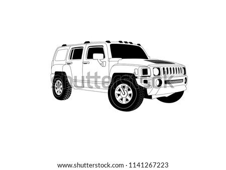 Black and white drawing of an SUV. Hummer h3.