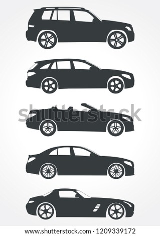 set of car models. Top to bottom (GLK 300 crossover,Mercedes-Benz C-class Estate station wagon, Mercedes-Benz SLC-Class convertible,Mercedes w205 sedan,Mercedes SLS AMG sport coupe).