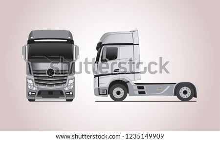 vector layout of gray truck in from different sides. Mercedes Actros truck.