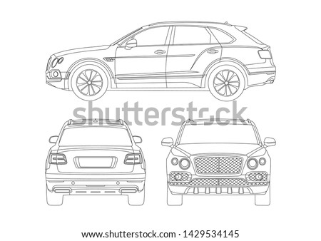 Vector layout outline drawings of the luxury crossover.View from three sides. Bentley Bentayga luxury crossover.