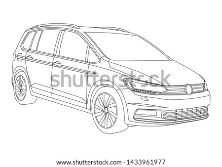 vector layout of contour drawing of compact van. Volkswagen Touran 2nd generation.