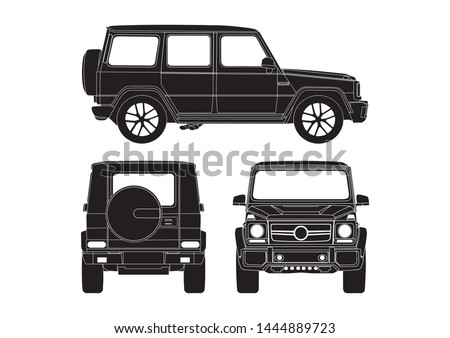 vector layout of the SUV,black color. View from three sides. Mercedes-Benz G-class W463.
