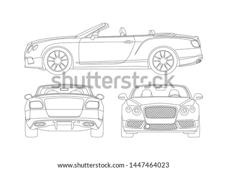vector layout contour drawing luxury convertible. View from three sides. Bentley Continental GT.