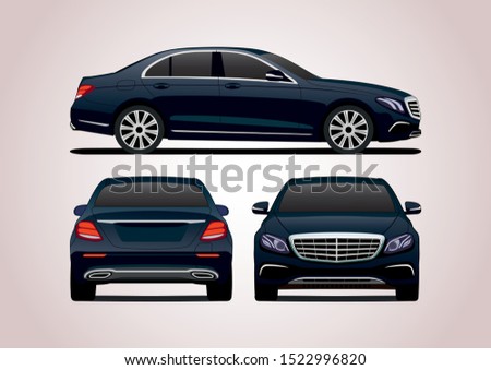 vector layout of dark blue sedan, view from three sides. Mercedes-Benz E-Class W213.