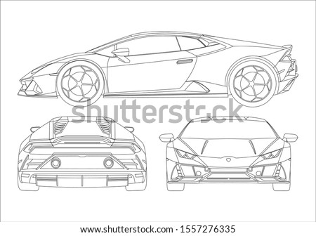 contour drawing of super car, view from three sides. The Lamborghini Huracan.