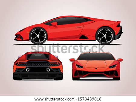 vector layout of red sports car. View from three sides. Lamborghini Huracan Evo.