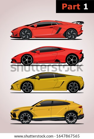 set of vector models of super cars, side view (part 1). Top to bottom: Lamborghini Aventador, Lamborghini Huracan, Lamborghini Gallardo, 1st Lamborghini Urus crossover.