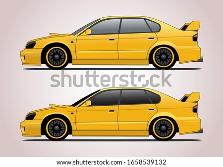 yellow sports sedan, side view. Subaru Legacy III.