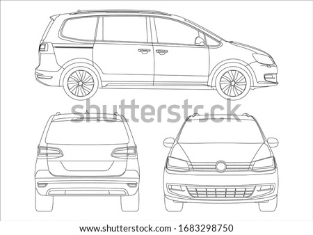Outline drawing of a minivan, view from three strons. Minivan Sharan