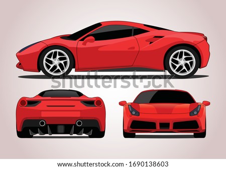 Red sports car, view from three sides. Ferrari 488 GTB.