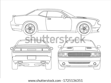 contour drawing of a muscle car, view from three sides. Dodge Challenger SRT8.