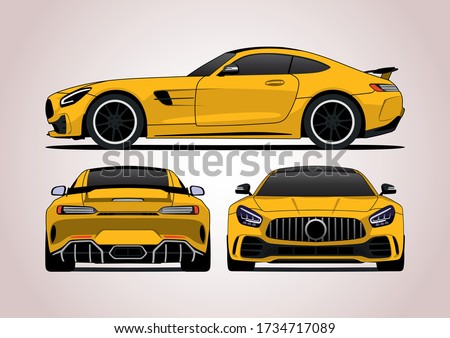yellow sports coupe, view from three sides. Mercedes AMG.