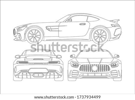 contour drawing of a sports coupe, view from three sides. Mercedes-AMG GT.