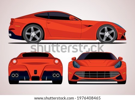 red super car, view from different sides. Grand Tourer Ferrari F12berlinetta.