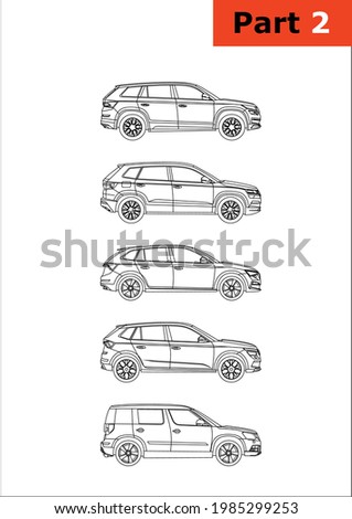 set of vector car models (part 2). Skoda top-down (Skoda Kodiaq, Karoq,Scala, Kamiq, Yeti).