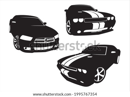 set of vector car models. Top-down (Dodge challenger, Dodge charger, Dodge challenger).