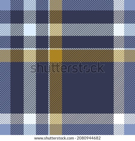 Seamless plaid pattern in dark navy, mustard yellow, blue and white. All over fabric repeat. 
