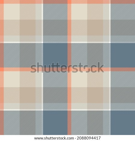 Seamless plaid pattern in muted blue, beige, light taupe, gray, orange and white.