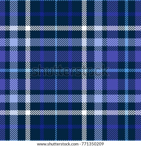 Plaid check patten. Checkered fabric print in shades of blue, indigo, violet and white. Seamless vector texture.