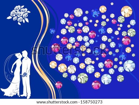 Silhouette of a bride and groom on background with rhinestones