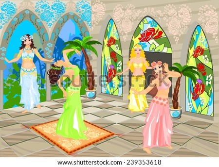 Interior oriental palace and belly dancer