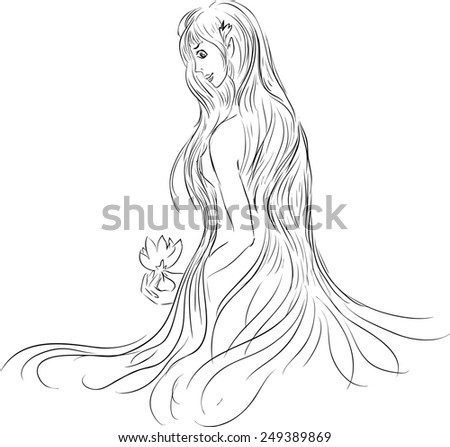 Beautiful girl with long hair and a water lily