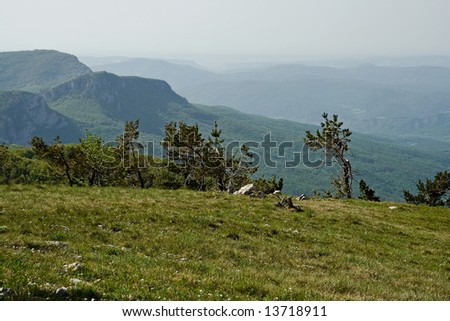 beautiful, blue, bushes, campaign, clouds, distance, freedom, grass, green, height, holiday, landscape, limestone, loose, mountains, pure, rocks, shade, sky, stones, trees, valley, walk