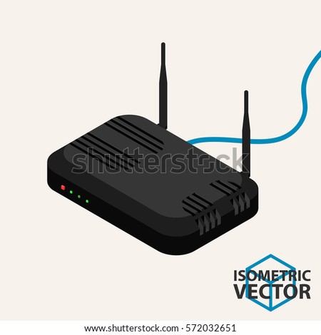 Black Isometric Router with Blue Internet Cable / Vector