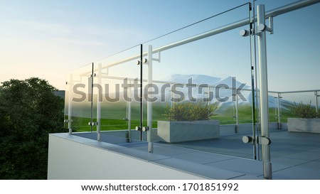 Modern stainless steel railing with glass panel and landscape mountain, 3D illustration Imagine de stoc © 