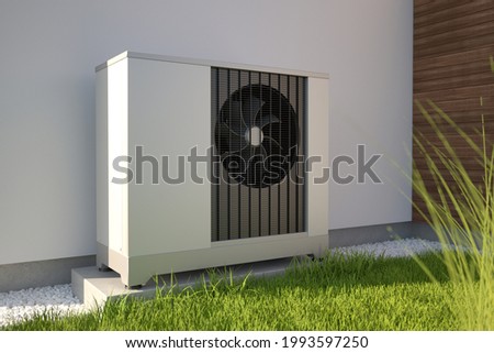 Air heat pump beside house, 3D illustration 商業照片 © 