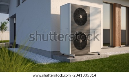 Air heat pump beside house, 3D illustration Imagine de stoc © 