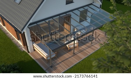 Terrace canopy, clear glass roof, top view, 3d illustration 商業照片 © 