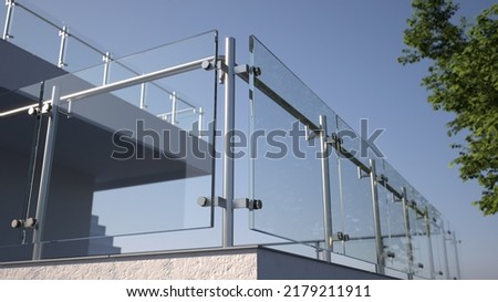 Modern stainless steel railing with glass panel, 3D illustration Imagine de stoc © 