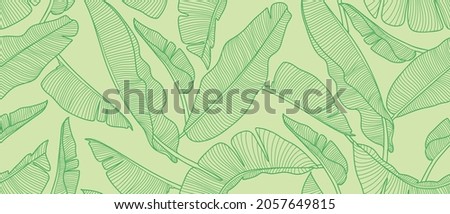 Seamless pattern with banana leaves in line art style. Vector monochrome background with tropican leaves.