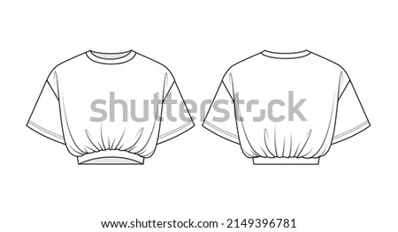 Fashion technical drawing of oversized crop T-shirt with elastic band. Crop top fashion flat sketch