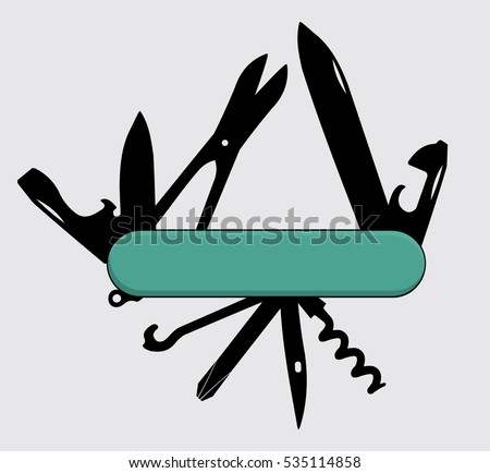 Multifunction knife icon, pocket knife, Swiss knife, multipurpose penknife, army knife. Isolated flat vector illustration