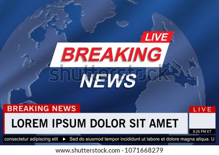 Breaking news live template on world map background. Vector illustration.
