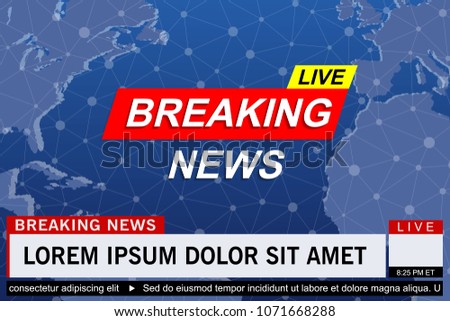 Breaking news live template on world map background. Vector illustration.