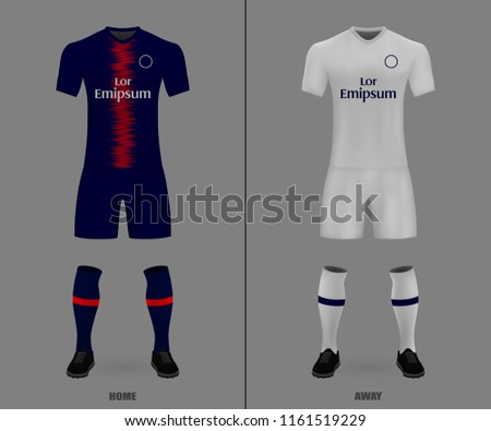 3D realistic template soccer jersey of PSG. t-shirt with pants and socks on shop backdrop. Mockup of football team uniform
