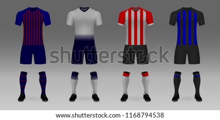Group B of Champions League. Set of 3D realistic template soccer jersey Barcelona, Tottenham, PSV, Inter. t-shirt with pants and socks on shop backdrop. Mockup of football team uniform 