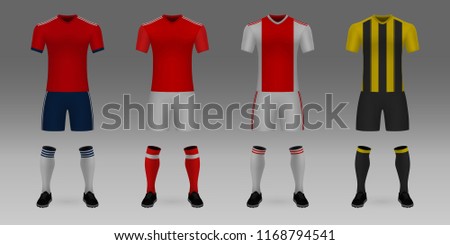 Group E of Champions League. Set of 3D realistic template soccer jersey Bayern, Benfica, Ajax, AEK. t-shirt with pants and socks on shop backdrop. Mockup of football team uniform 