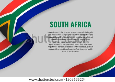 Waving ribbon or banner with flag of South Africa. Template for poster design