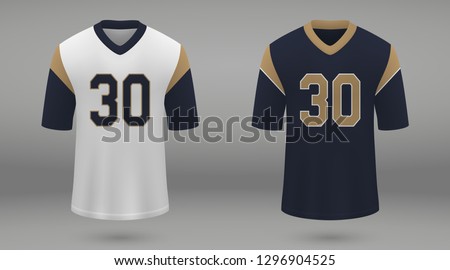 Realistic american football jersey of Los Angeles Rams, shirt template for kit. Vector illustration