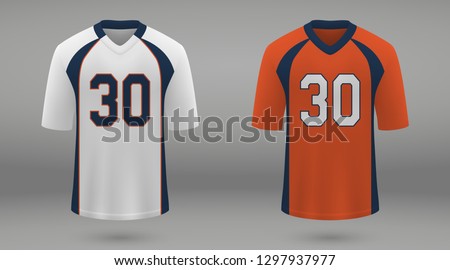 Realistic american football jersey Denver Broncos, shirt template for kit. Vector illustration
