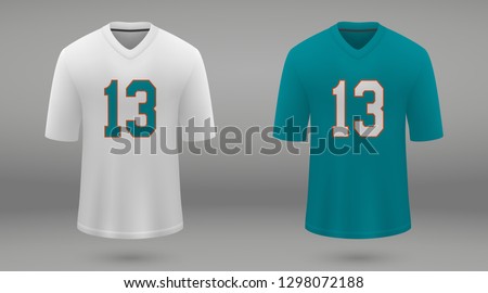 Realistic american football jersey Miami Dolphins, shirt template for kit. Vector illustration