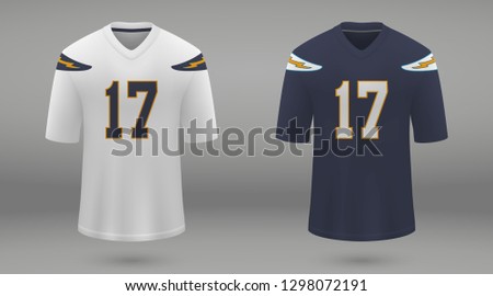 Realistic american football jersey Los Angeles Chargers, shirt template for kit. Vector illustration