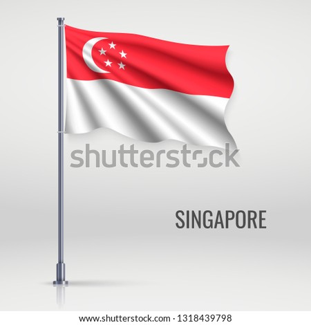 Waving flag of Singapore on flagpole. Template for independence day poster design